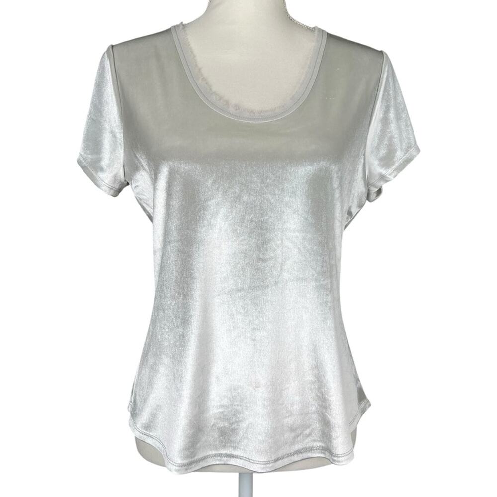 White House Black Market WHBM Women’s Silver Velvet Shirt Blouse Size Small - Picture 1 of 8